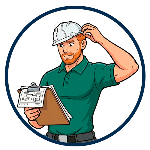 Illustration of a confused male builder wearing a hardhat and holding a clipboard