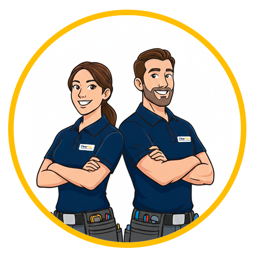 ClearPlan Mascots illustration posing back to back smiling