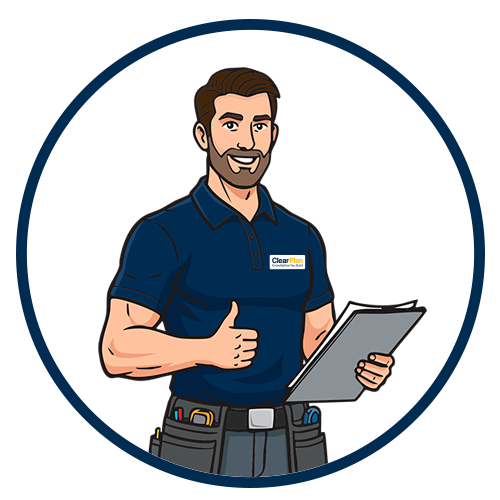 Male Advisor in White Circle Frame Blue Border fingers pointing up pose