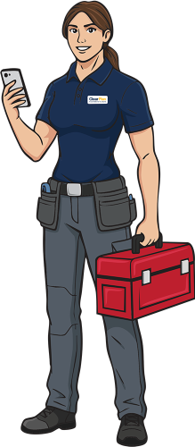 Illustration of a friendly female ClearPlan mascot holding a carrying a toolbox .