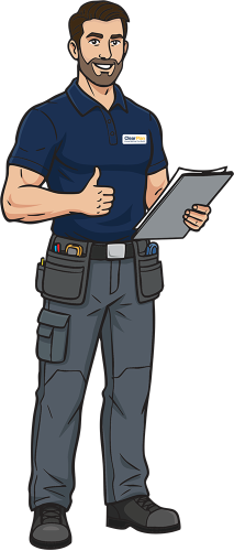 Illustration of a friendly male ClearPlan mascot holding a clipboard .